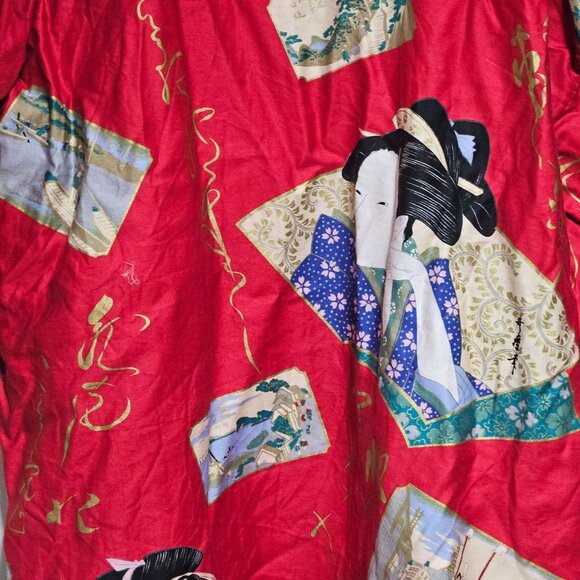 Vintage Red Kimono Robe Japanese Geisha Print Gold Accent Tie Belt Made In Japan - Picture 4 of 7